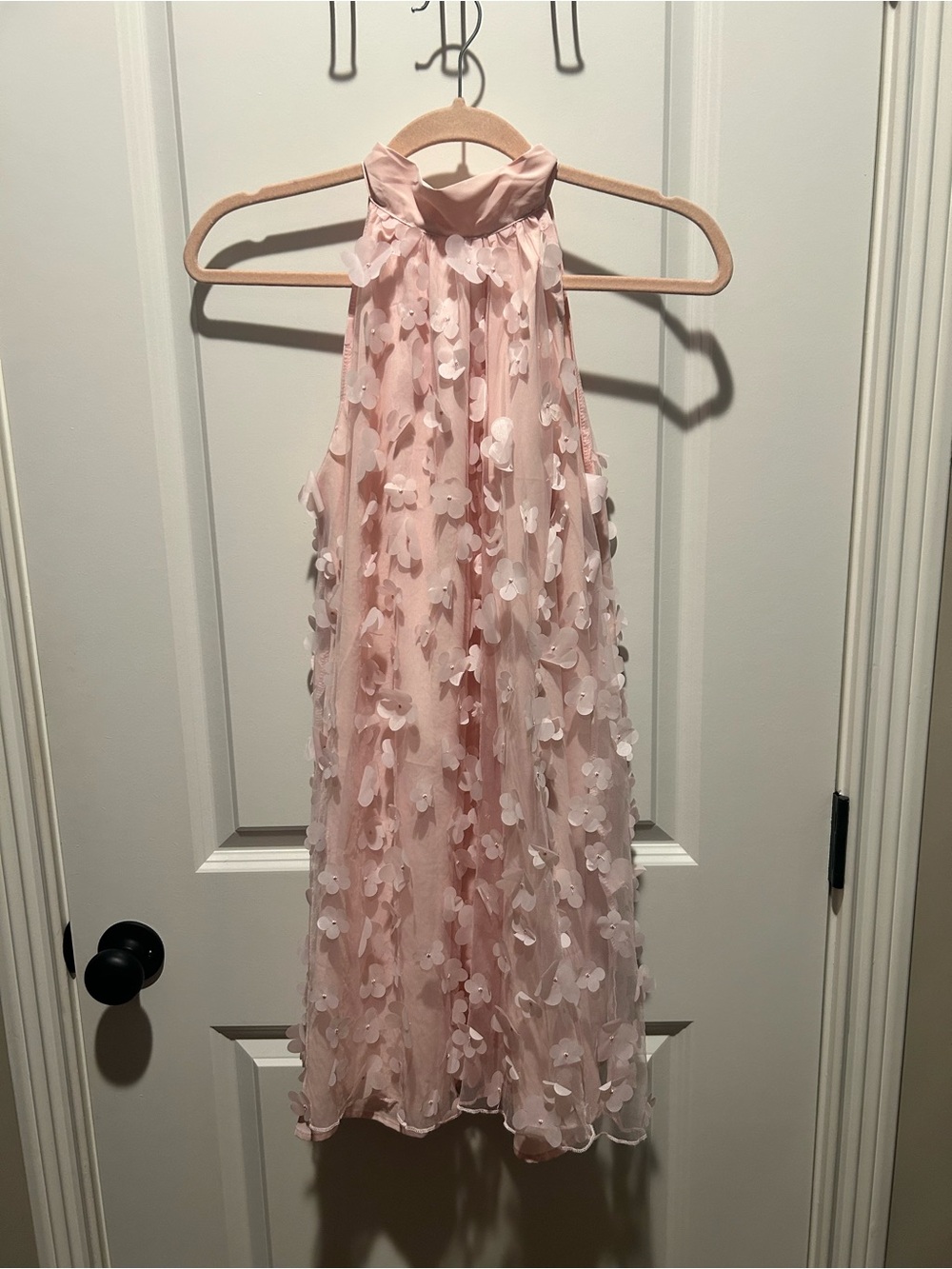 Blush Pink Floral Appliqué Halter Dress